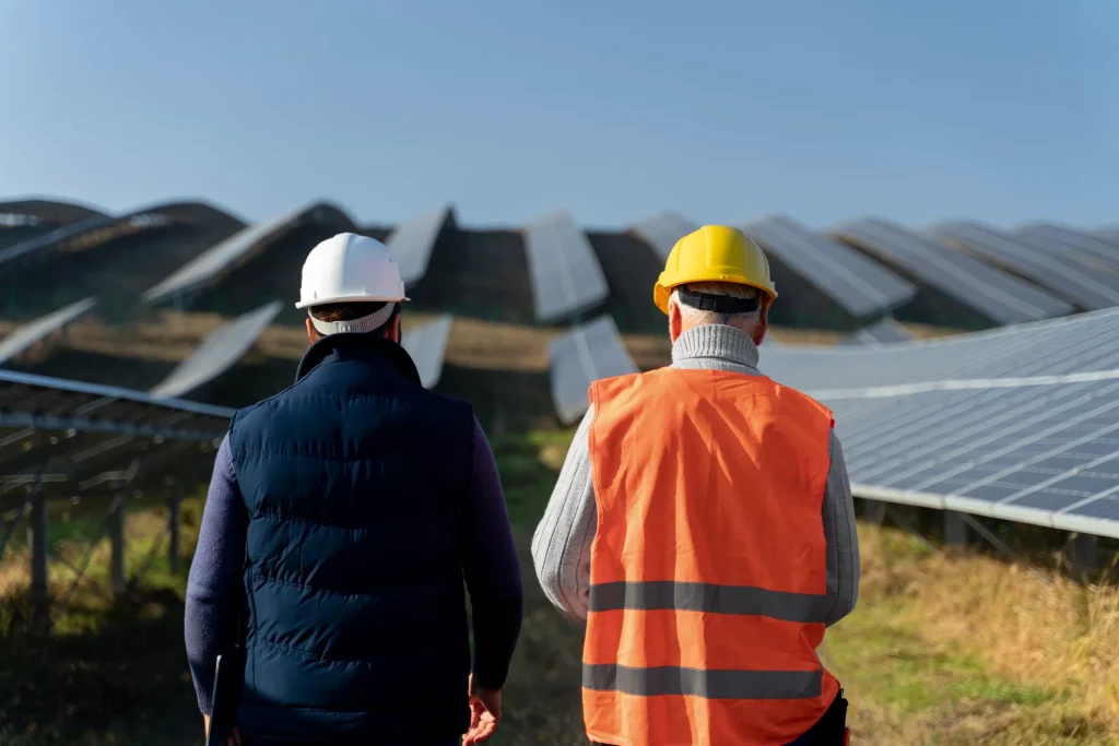 Pessoas perto de usina de energia alternativa