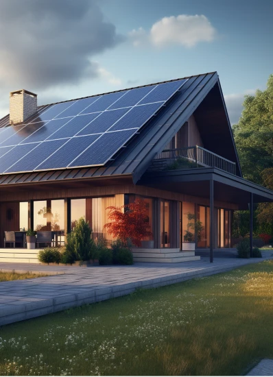 Painéis solares em casa num dia nublado