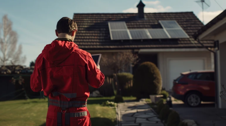 Técnico a instalar painéis solares num telhado residencial em Portugal